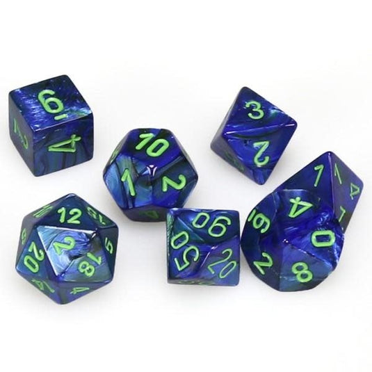 Polyhedral 7-Die Set Lustrous DarkBlue w/ Green Numbers Chessex CHX27496