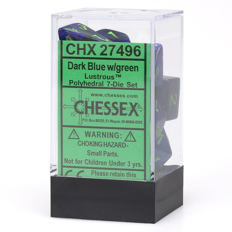Load image into Gallery viewer, Polyhedral 7-Die Set Lustrous DarkBlue w/ Green Numbers Chessex CHX27496
