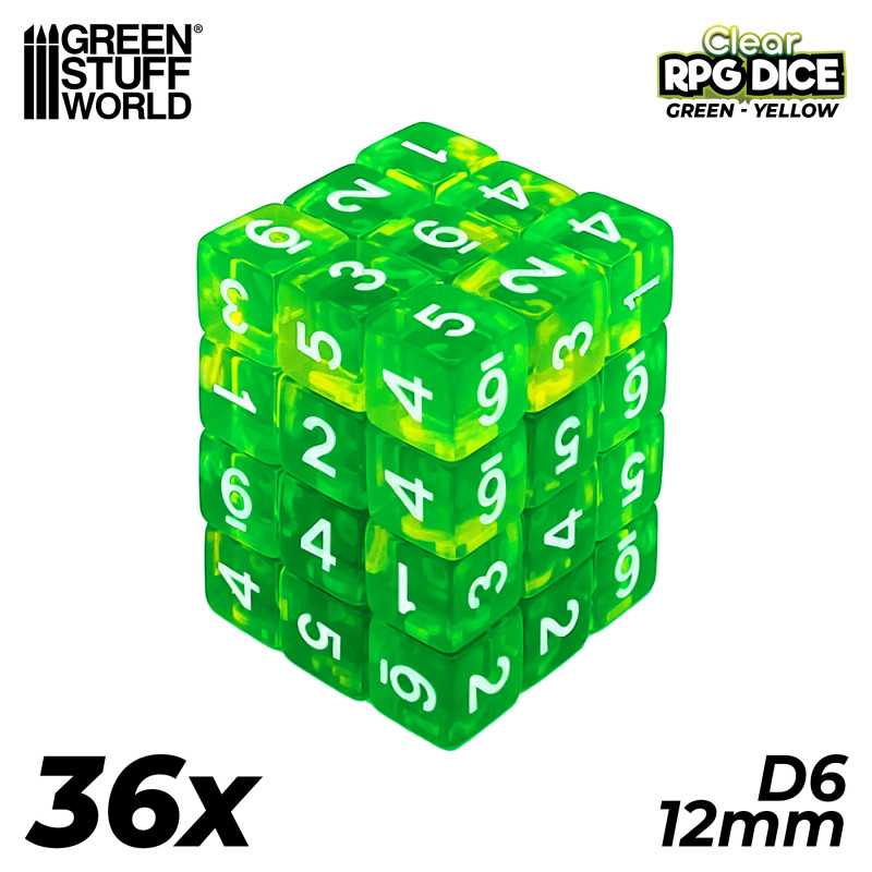 Load image into Gallery viewer, Green Stuff World D6 12mm Dice - Clear Green/Yellow 3386
