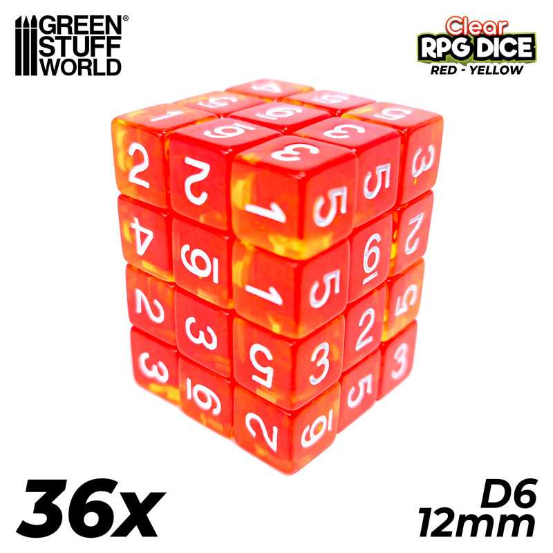 Load image into Gallery viewer, Green Stuff World D6 12mm Dice - Clear Red/Yellow 3383

