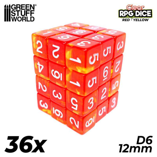 Green Stuff World D6 12mm Dice - Clear Red/Yellow 3383