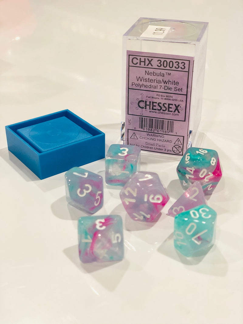 Load image into Gallery viewer, Wisteria Nebula Luminary Dice with White Numbers 16mm (5/8in) Set of 7 Chessex
