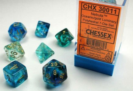 Oceanic Nebula Luminary Dice with Gold Numbers 16mm (5/8in) Set of 7 Chessex