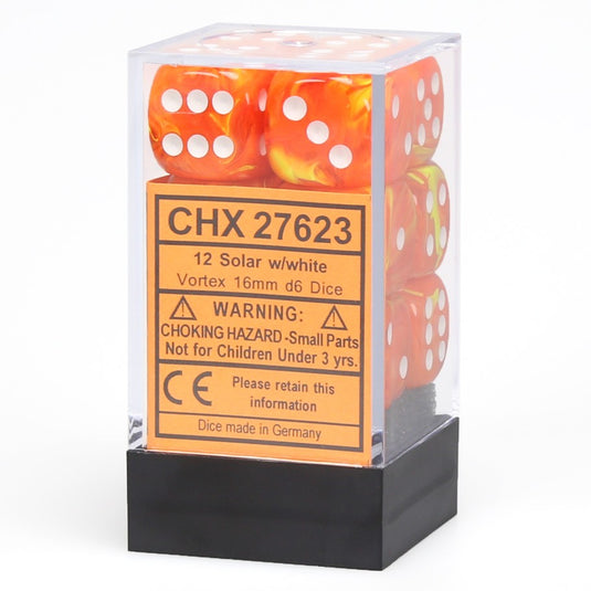 6 Sided Dice - 12 D6 Set Vortex Solar Orange w/ White Numbers Chessex CHX27623