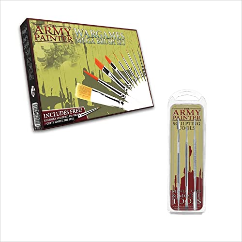 The Army Painter - Mega Brush Set with 10 Miniature Paint Brushes Including Free Masterclass Kolinsky Sable Hair Brush and Sculpting Tools Set with Three Double Ended Stainless Steel Tools