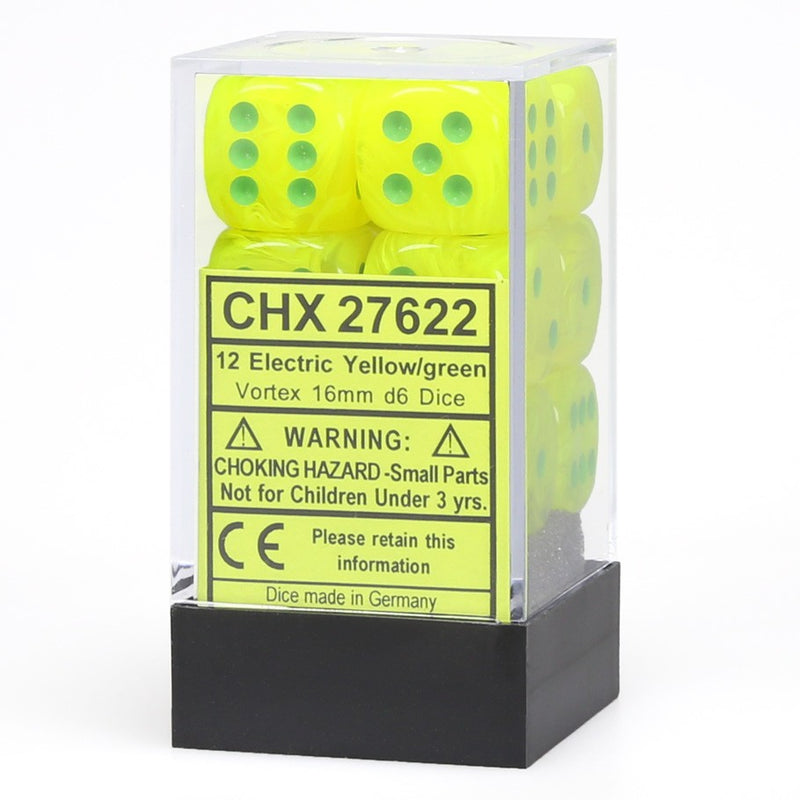 Load image into Gallery viewer, 6 Sided Dice - 12 D6 Set Vortex Electric Yellow w/ Green Numbers Chessex CHX27622
