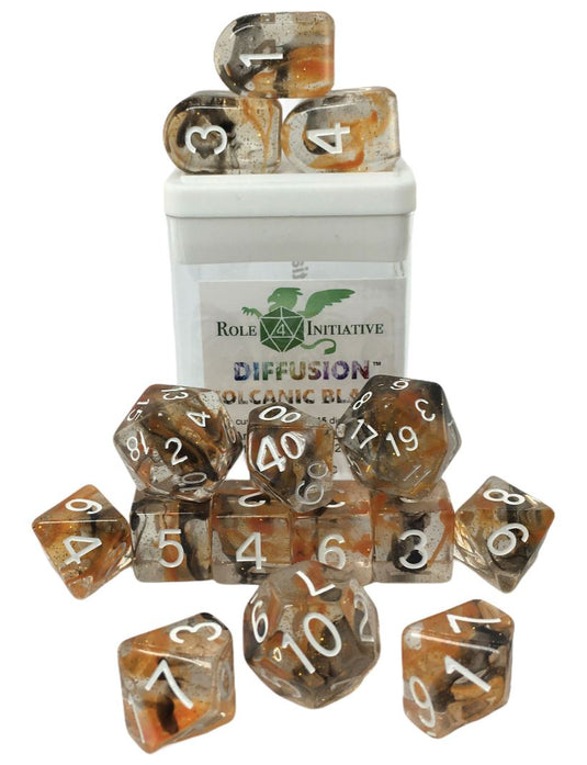 Roll Initiative Set of 15 Dice: Polyhedral Diffusion Volcanic Blast w/ White Numbers