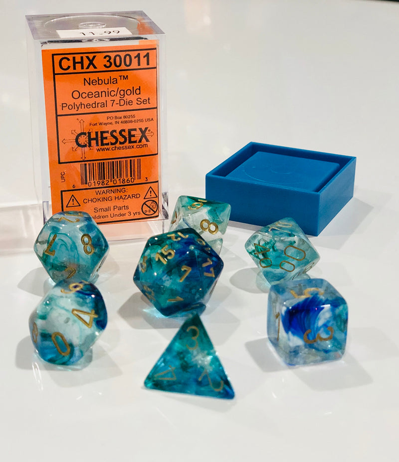 Load image into Gallery viewer, Oceanic Nebula Luminary Dice with Gold Numbers 16mm (5/8in) Set of 7 Chessex
