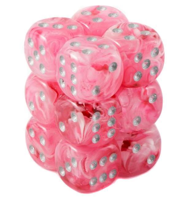 Load image into Gallery viewer, 6 Sided Dice - 12 D6 Set Ghostly Glow Pink w/ Silver Numbers Chessex CHX27724
