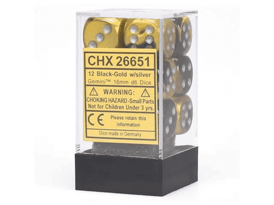 6 Sided Dice - 12 D6 Set Gemini Black Gold w/ Silver Numbers Chessex CHX26651