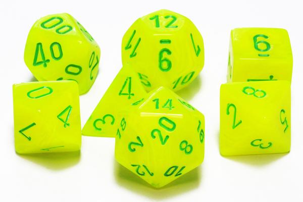 Load image into Gallery viewer, Polyhedral 7-Die Set Vortex Electric Yellow w/ Green Numbers Chessex CHX27422
