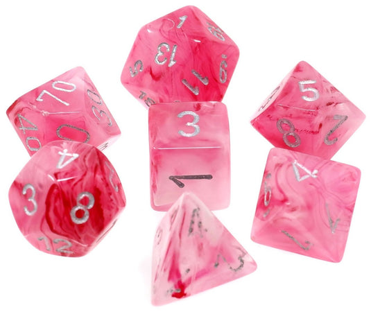 Polyhedral 7-Die Set Ghostly Glow Pink w/ Silver Numbers Chessex CHX27524