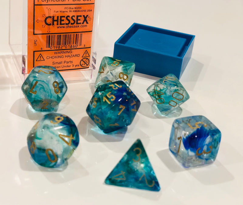 Load image into Gallery viewer, Oceanic Nebula Luminary Dice with Gold Numbers 16mm (5/8in) Set of 7 Chessex
