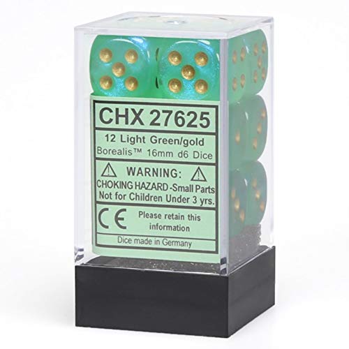 Chessex 27625 Borealis: 16mm D6 Light Green/Gold (12)