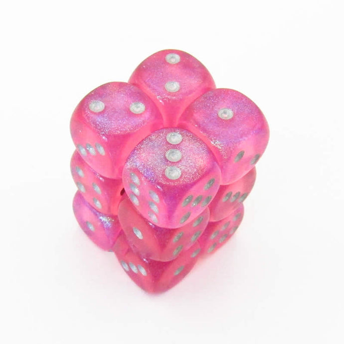 6 Sided Dice - 12 D6 Borealis Set Pink w/ Silver Numbers Chessex CHX27604