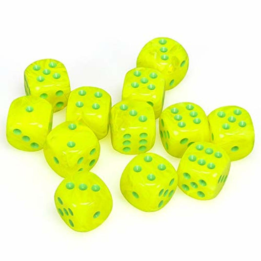 6 Sided Dice - 12 D6 Set Vortex Electric Yellow w/ Green Numbers Chessex CHX27622