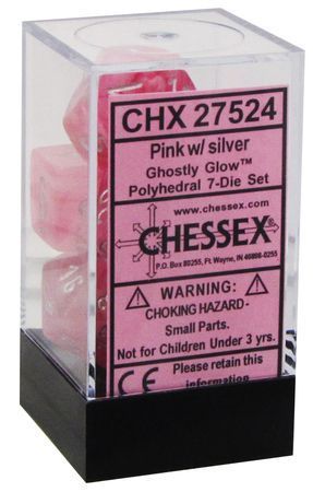 Load image into Gallery viewer, Polyhedral 7-Die Set Ghostly Glow Pink w/ Silver Numbers Chessex CHX27524
