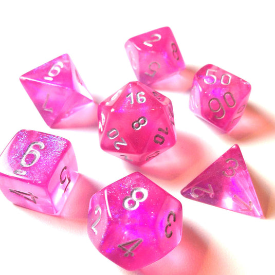 Polyhedral 7-Die Borealis Set Pink w/ Silver Numbers Chessex CHX27404