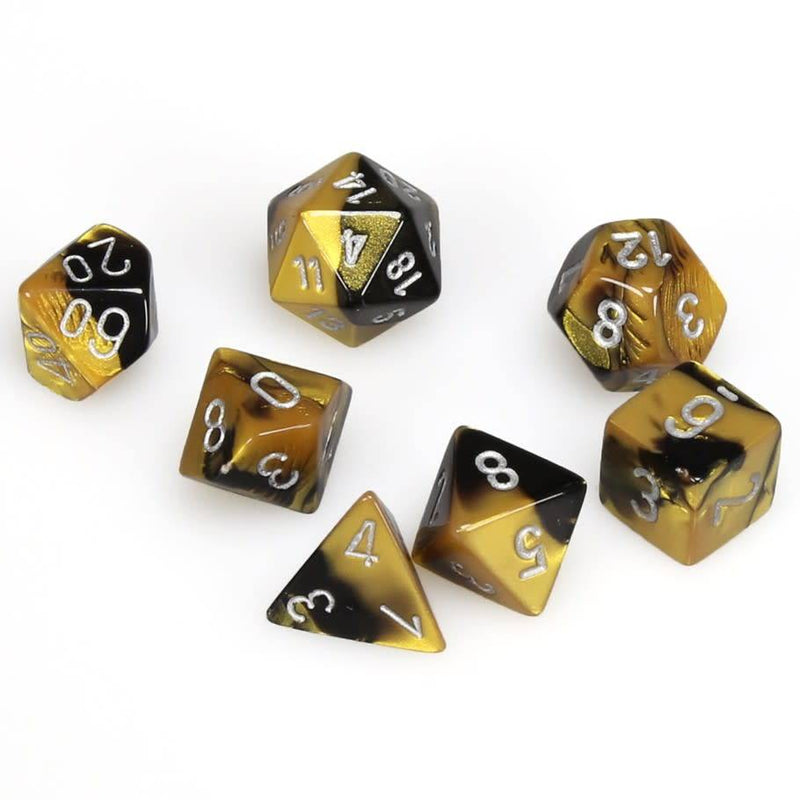 Load image into Gallery viewer, Polyhedral 7-Die Set Gemini Black Gold w/ Silver Numbers Chessex CHX26451
