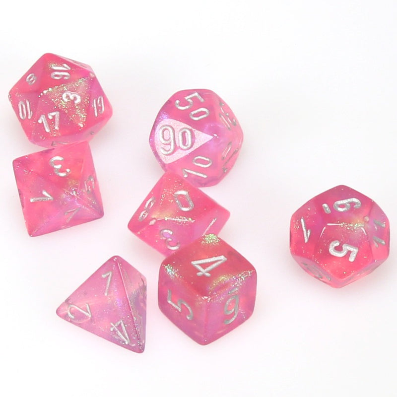 Load image into Gallery viewer, Polyhedral 7-Die Borealis Set Pink w/ Silver Numbers Chessex CHX27404
