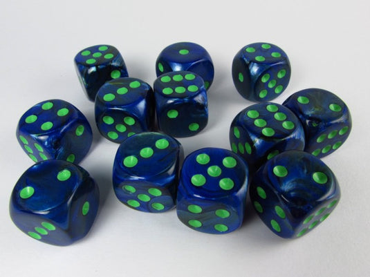 6 Sided Dice - 12 D6 Set Ludtrous Dark Blue w/ Green Numbers Chessex CHX27696